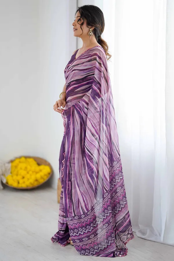 Purple_Georgette_Digital_Print_Saree_With_Foil_Mirror_Work_Scalloped_Border_For_Women
