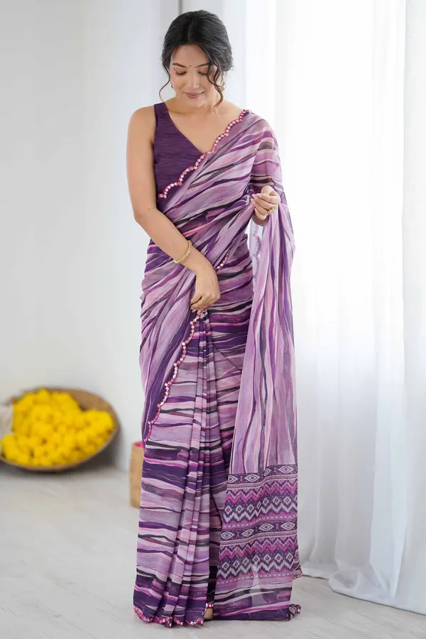 Purple_Georgette_Digital_Print_Saree_With_Foil_Mirror_Work_Scalloped_Border_For_Women