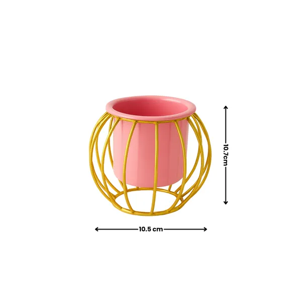 Pink_&_Gold_Decorative_Metal_Planter_With_Wire_Cage_Design