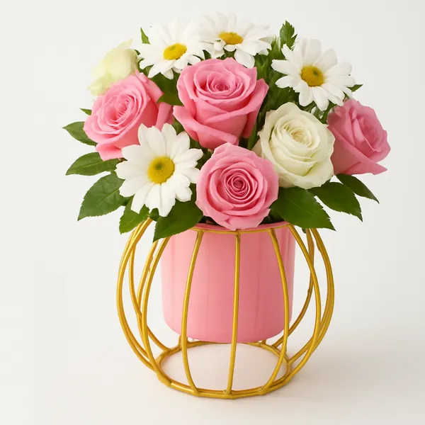 Pink_&_Gold_Decorative_Metal_Planter_With_Wire_Cage_Design