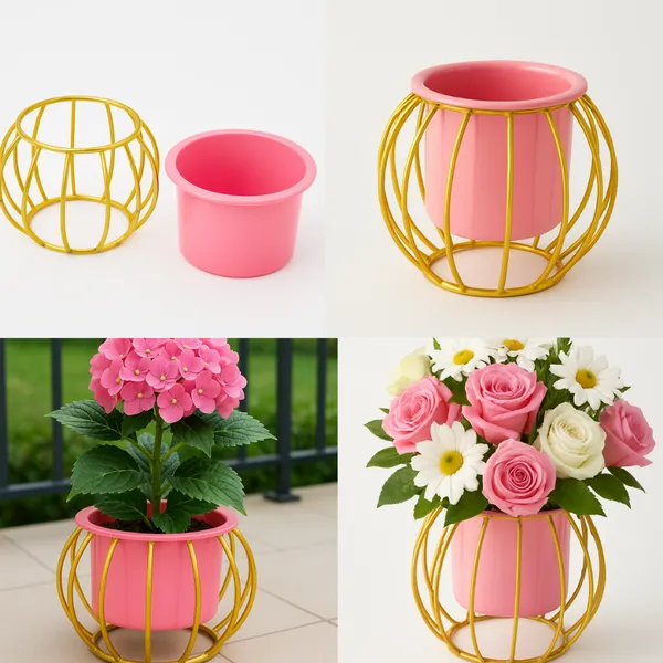 Pink_&_Gold_Decorative_Metal_Planter_With_Wire_Cage_Design