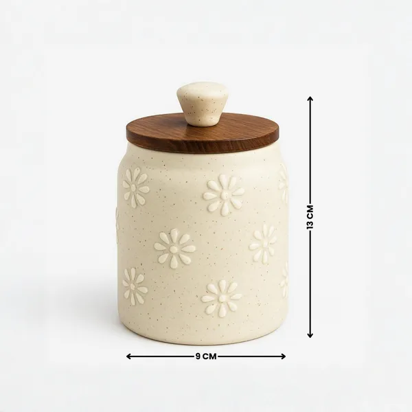 Ceramic_Kitchen_Storage_Jar_With_Wooden_Lid_And_Daisy_Pattern_Cream