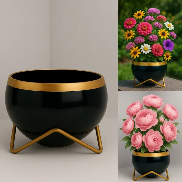 Black_&_Gold_Metal_Planter_Bowl_With_Stand_Modern_Decorative_Plant_Pot