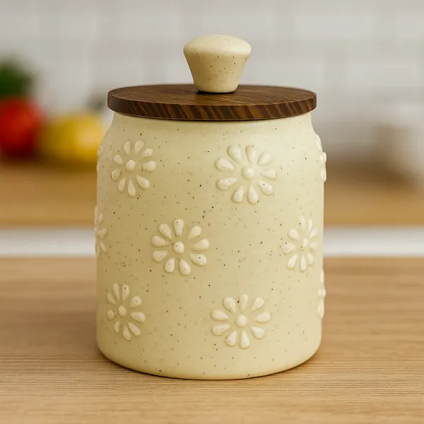Ceramic_Kitchen_Storage_Jar_With_Wooden_Lid_And_Daisy_Pattern_Cream