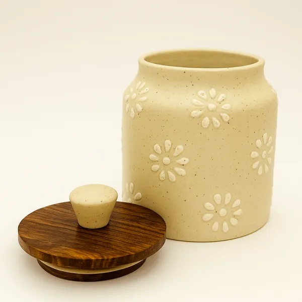 Ceramic_Kitchen_Storage_Jar_With_Wooden_Lid_And_Daisy_Pattern_Cream
