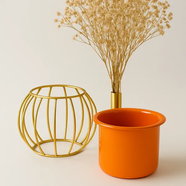 Modern_Gold_Wire_Basket_&_Orange_Planter_Set_With_Brass_Vase_Decorative_Home_Decor_Combo
