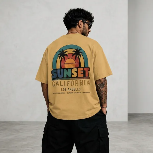 Beige_Cotton_Oversized_Sunset_California_Graphic_T-Shirt_For_Men