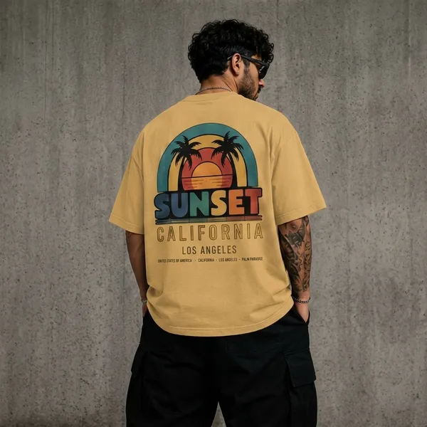 Beige_Cotton_Oversized_Sunset_California_Graphic_T-Shirt_For_Men