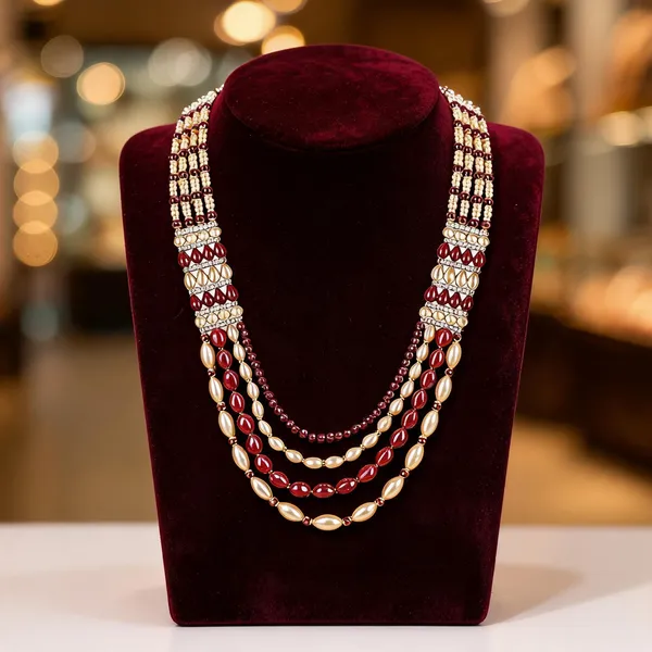 Maroon_And_White_Layered_Necklace_Alloy_For_Unisex_Pack_Of_1