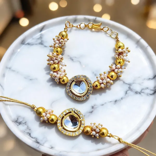 Golden_And_White_Rakhi,_Bracelet_Alloy_For_Brother_And_Sister-In-Law_Pack_Of_2