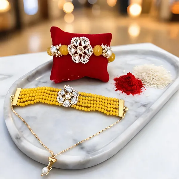 Yellow_And_White_Rakhi,_Lumba,_Bracelet,_Thali,_Chawal_Roli_Pack_Alloy_For_Brother_And_Sister-In-Law_Pack_Of_1