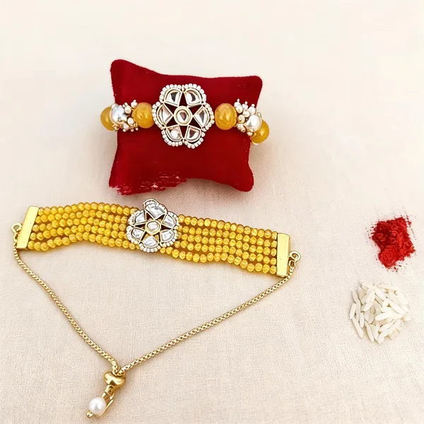 Yellow_And_White_Rakhi,_Lumba,_Bracelet,_Thali,_Chawal_Roli_Pack_Alloy_For_Brother_And_Sister-In-Law_Pack_Of_1