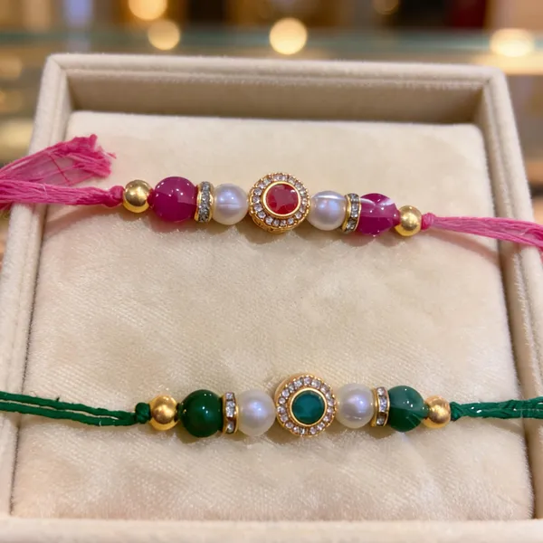 Green_And_Dark_Pink_Rakhi,_Lumba,_Bracelet,_Chawal_Roli_Pack_Alloy_For_Brother_And_Sister-In-Law_Pack_Of_2