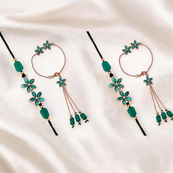 Green_And_Golden_Rakhi,_Lumba,_Bracelet,_Chawal_Roli_Pack_Alloy_For_Brother_And_Sister-In-Law_Pack_Of_2
