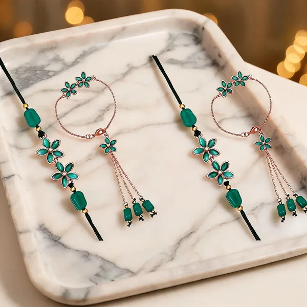Green_And_Golden_Rakhi,_Lumba,_Bracelet,_Chawal_Roli_Pack_Alloy_For_Brother_And_Sister-In-Law_Pack_Of_2
