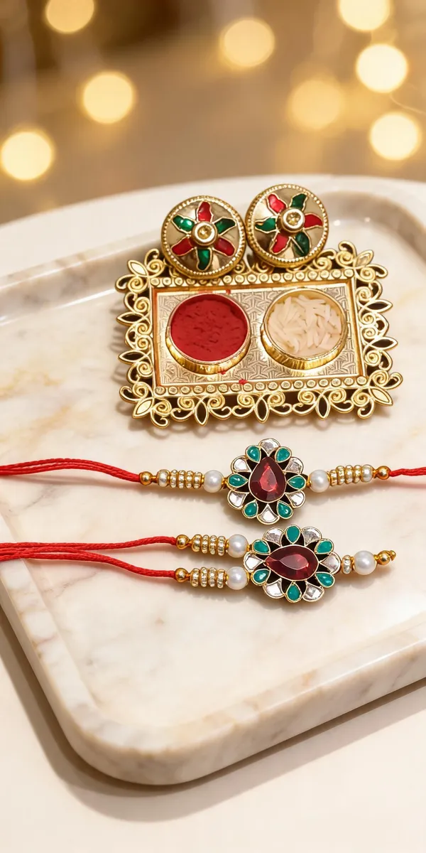 Pure_Red_N_Gold_Rakhi,_Bracelet,_Thali_Alloy_For_Brother_And_Sister-In-Law_Pack_Of_2
