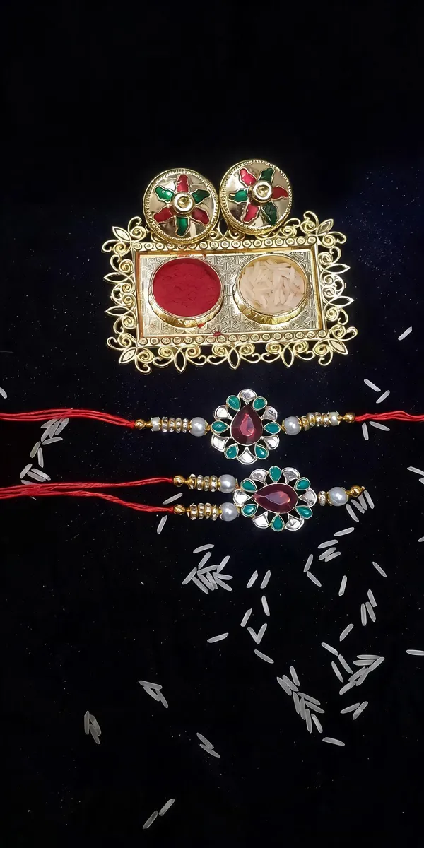 Pure_Red_N_Gold_Rakhi,_Bracelet,_Thali_Alloy_For_Brother_And_Sister-In-Law_Pack_Of_2