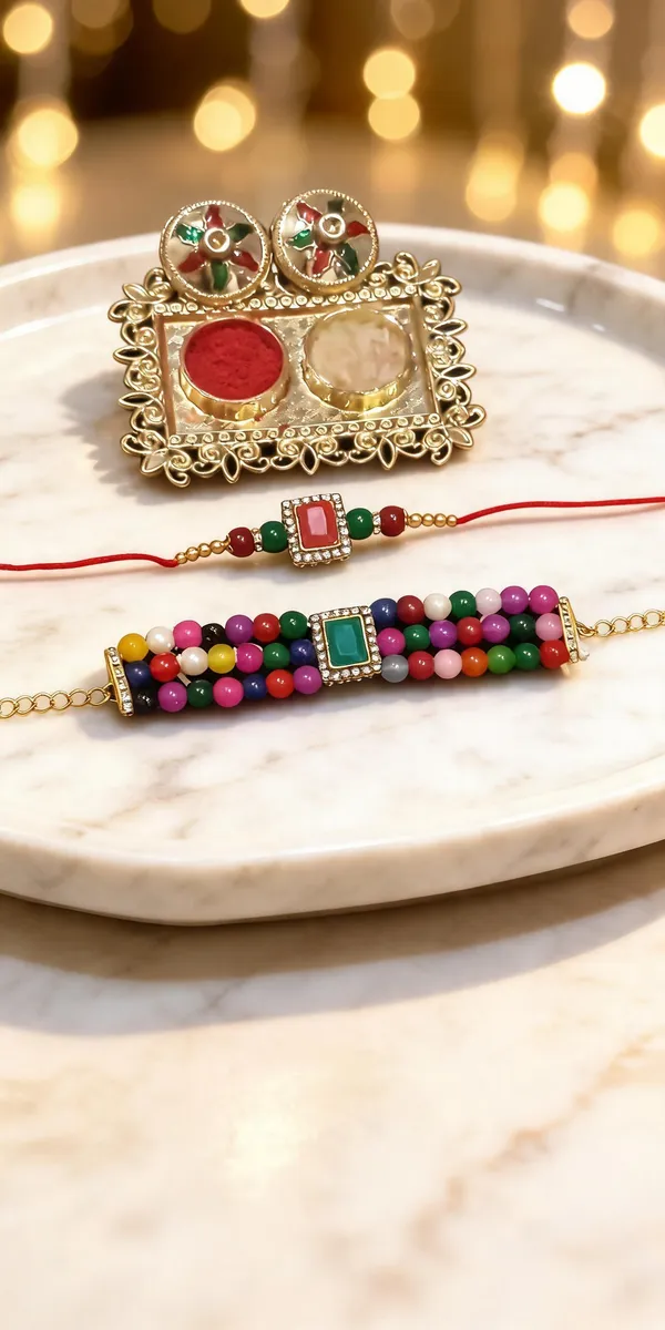 Dark_Multi_Rakhi,_Bracelet,_Thali_Alloy_For_Brother_And_Sister-In-Law_Pack_Of_2