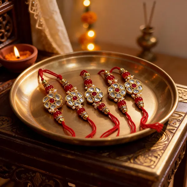Light_Gold_N_Red_Rakhi_Alloy_For_Brother_And_Sister-In-Law_Pack_Of_2
