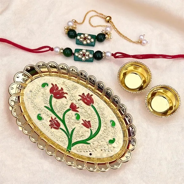 Dark_Green_Rakhi,_Bracelet,_Thali_Alloy_For_Brother_And_Sister-In-Law_Pack_Of_1