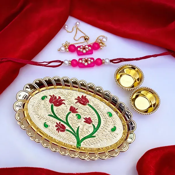 Dark_Pink_Rakhi,_Bracelet,_Thali_Alloy_For_Brother_And_Sister-In-Law_Pack_Of_1