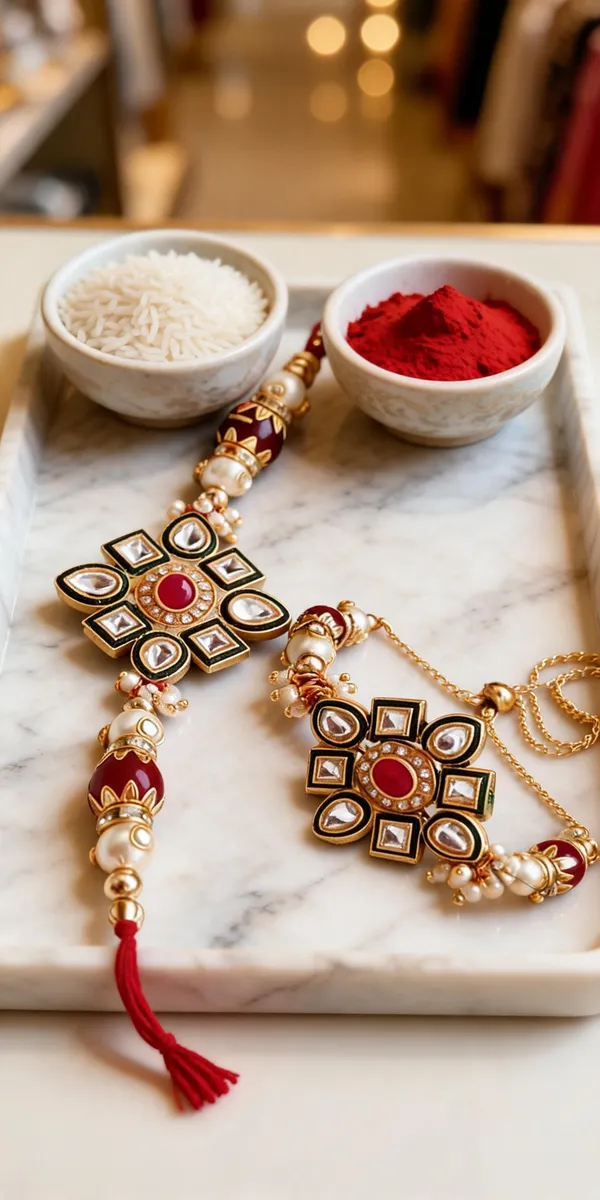 White_And_Maroon_Rakhi,_Lumba,_Bracelet,_Thali,_Chawal_Roli_Pack_Alloy_For_Brother_And_Sister-In-Law_Pack_Of_2