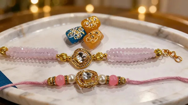 Light_Pink_And_Golden_Rakhi,_Bracelet,_Chawal_Roli_Pack_Alloy_For_Brother_And_Sister-In-Law_Pack_Of_2