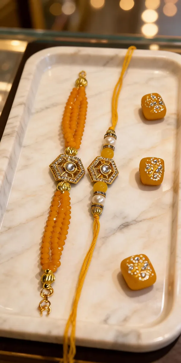 Yellow_And_Golden_Rakhi,_Bracelet,_Chawal_Roli_Pack_Alloy_For_Brother_And_Sister-In-Law_Pack_Of_2