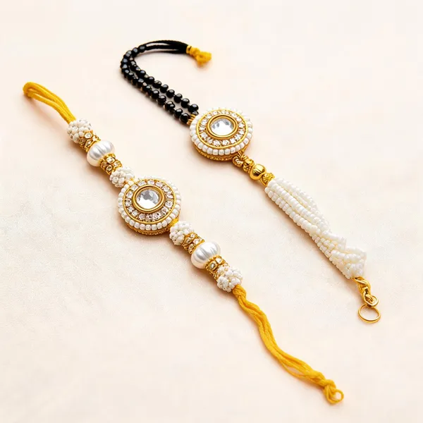 White_And_Yellow_Rakhi,_Bracelet,_Chawal_Roli_Pack_Alloy_For_Brother_And_Sister-In-Law_Pack_Of_2