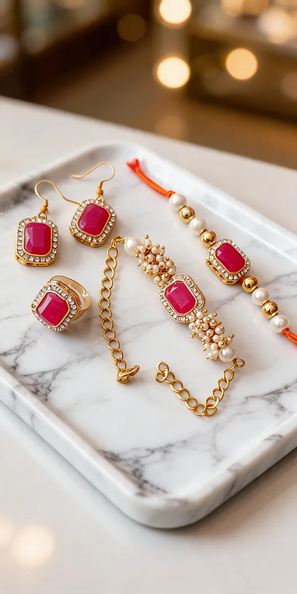 Dark_Pink_Rakhi,_Bracelet,_Earrings_Alloy_For_Brother_And_Sister-In-Law_Pack_Of_2