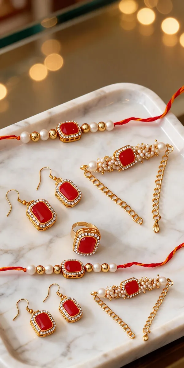 Red_Rakhi,_Bracelet,_Earrings_Alloy_For_Brother_And_Sister-In-Law_Pack_Of_2