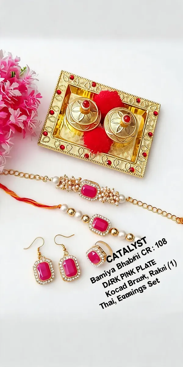Dark_Pink_Rakhi,_Bracelet,_Thali,_Earrings_Alloy_For_Brother_And_Sister-In-Law_Pack_Of_1