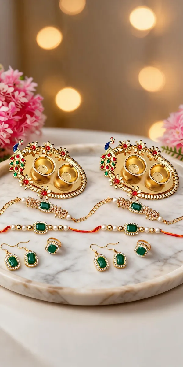 Green_Rakhi,_Bracelet,_Thali,_Earrings_Alloy_For_Brother_And_Sister-In-Law_Pack_Of_2