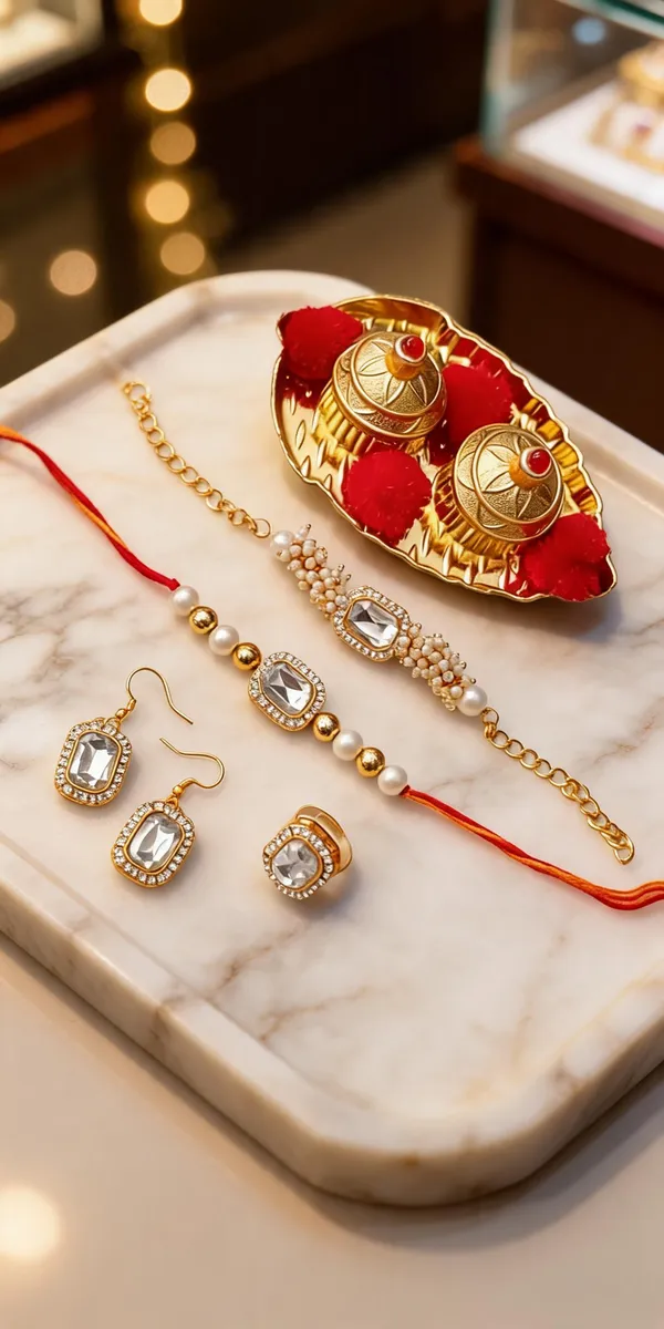 White_Rakhi,_Bracelet,_Thali,_Earrings_Alloy_For_Brother_And_Sister-In-Law_Pack_Of_1