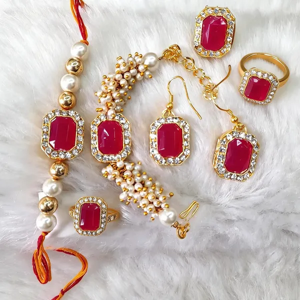 Dark_Pink_And_White_Rakhi,_Lumba,_Bracelet,_Earrings_Alloy_For_Brother_And_Sister-In-Law_Pack_Of_2