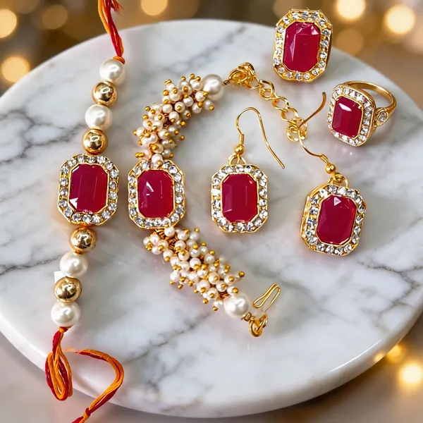 Dark_Pink_And_White_Rakhi,_Lumba,_Bracelet,_Earrings_Alloy_For_Brother_And_Sister-In-Law_Pack_Of_2