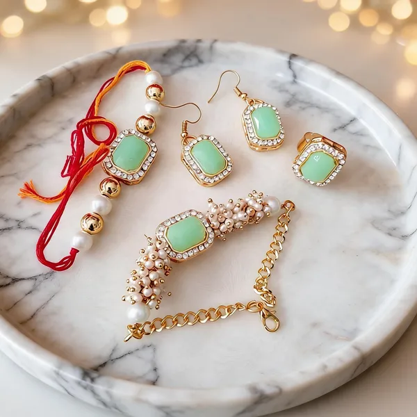 Lion_Green_And_White_Rakhi,_Lumba,_Bracelet,_Earrings_Alloy_For_Brother_And_Sister-In-Law_Pack_Of_2
