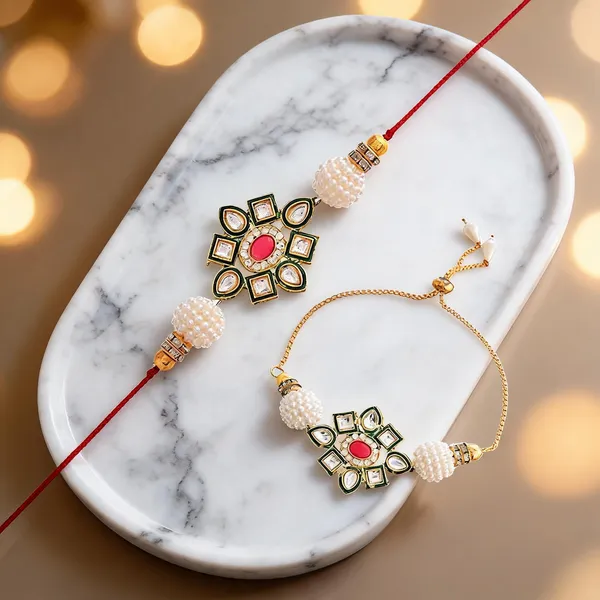 White_And_Golden_Rakhi,_Lumba,_Bracelet_Alloy_For_Brother_And_Sister-In-Law_Pack_Of_2