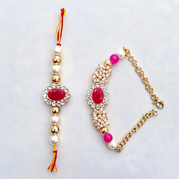 Dark_Pink_And_White_Rakhi,_Lumba,_Bracelet_Alloy_For_Brother_And_Sister-In-Law_Pack_Of_2