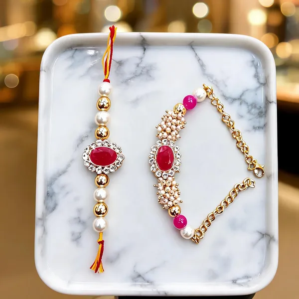 Dark_Pink_And_White_Rakhi,_Lumba,_Bracelet_Alloy_For_Brother_And_Sister-In-Law_Pack_Of_2