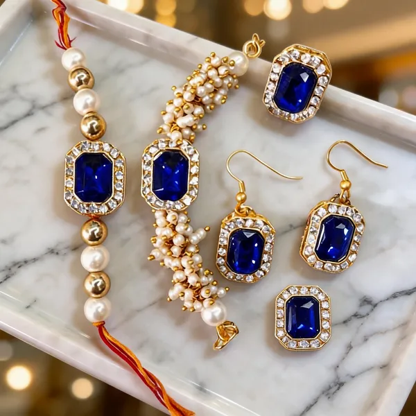 Blue_Rakhi,_Bracelet,_Thali,_Earrings_Alloy_For_Brother_And_Sister-In-Law_Pack_Of_2