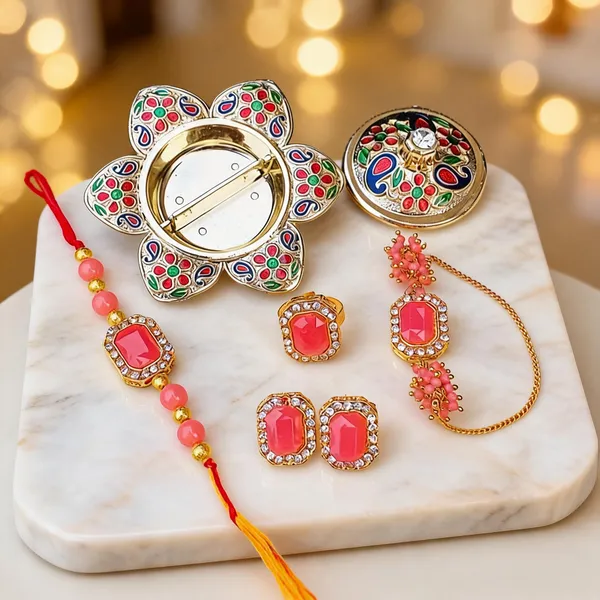 Light_Pink_Rakhi,_Bracelet,_Thali,_Earrings_Alloy_For_Brother_And_Sister-In-Law_Pack_Of_2