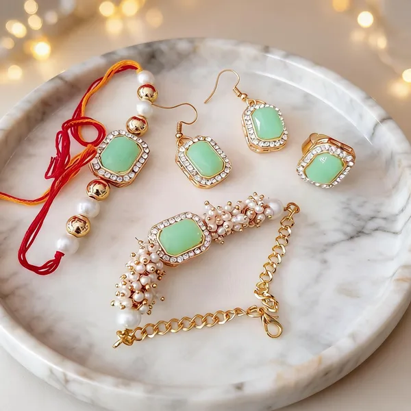 Lion_Green_Rakhi,_Bracelet,_Thali,_Earrings_Alloy_For_Brother_And_Sister-In-Law_Pack_Of_2
