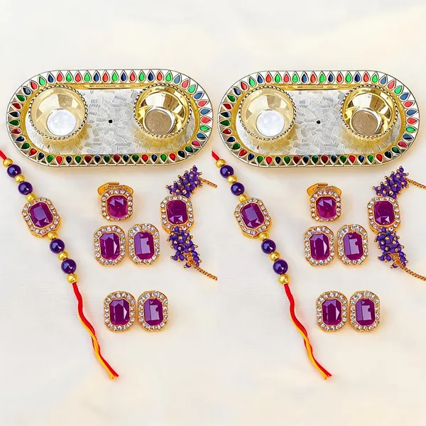 Purple_Rakhi,_Bracelet,_Thali,_Earrings_Alloy_For_Brother_And_Sister-In-Law_Pack_Of_2