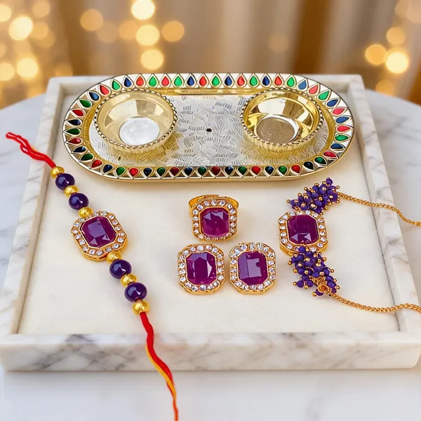Purple_Rakhi,_Bracelet,_Thali,_Earrings_Alloy_For_Brother_And_Sister-In-Law_Pack_Of_2