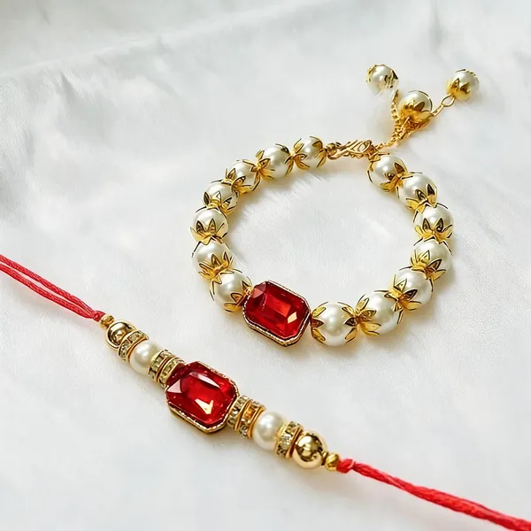 Red_And_White_Rakhi,_Bracelet_Alloy_For_Brother_And_Sister-In-Law_Pack_Of_2