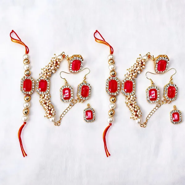 Red_Rakhi,_Bracelet,_Thali,_Earrings_Alloy_For_Brother_And_Sister-In-Law_Pack_Of_2