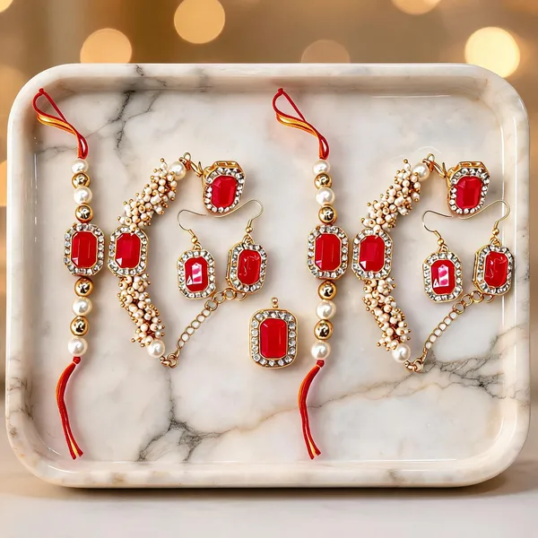 Red_Rakhi,_Bracelet,_Thali,_Earrings_Alloy_For_Brother_And_Sister-In-Law_Pack_Of_2