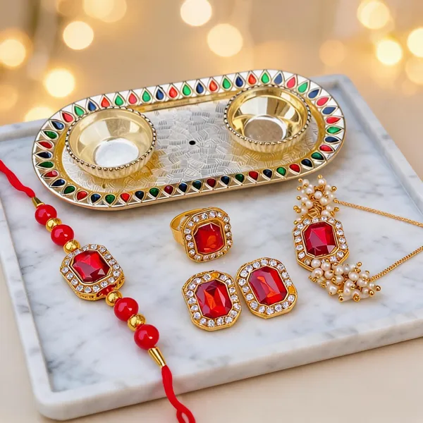 Red_Rakhi,_Bracelet,_Thali,_Earrings_Alloy_For_Brother_And_Sister-In-Law_Pack_Of_2