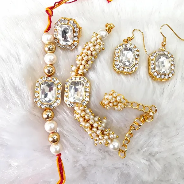 White_Rakhi,_Bracelet,_Thali,_Earrings_Alloy_For_Brother_And_Sister-In-Law_Pack_Of_2
